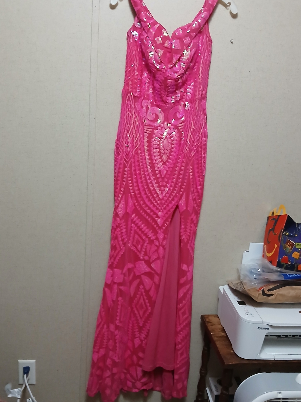 Giffinisetti Hot Pink Sequin Maxi Dress with Cowl Neck and Front Slit